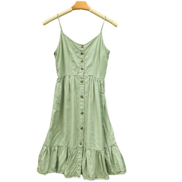 Love Tree Green Sundress Camisole Dress Button Front Midi Spaghetti Straps Small - Picture 1 of 10
